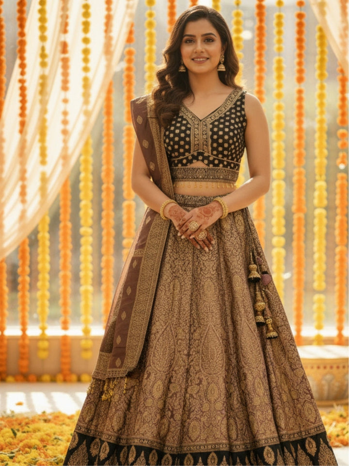 Banarasi Silk Lehenga Set With Zari Woven Floral Motifs & Tasseled Waist Cut-out blouse