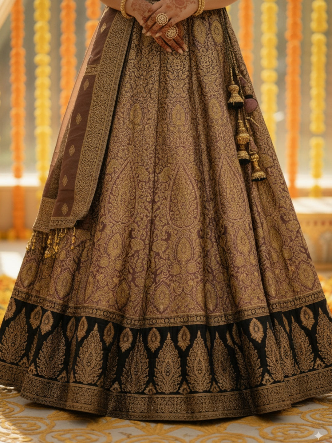 Banarasi Silk Lehenga Set With Zari Woven Floral Motifs & Tasseled Waist Cut-out blouse