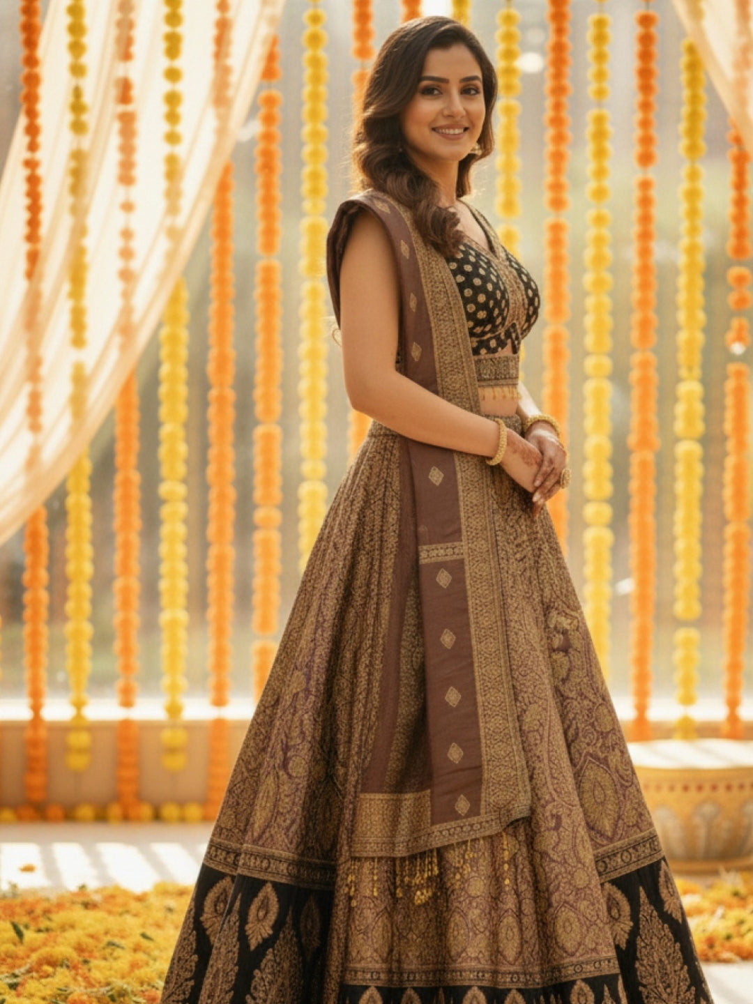 Banarasi Silk Lehenga Set With Zari Woven Floral Motifs & Tasseled Waist Cut-out blouse