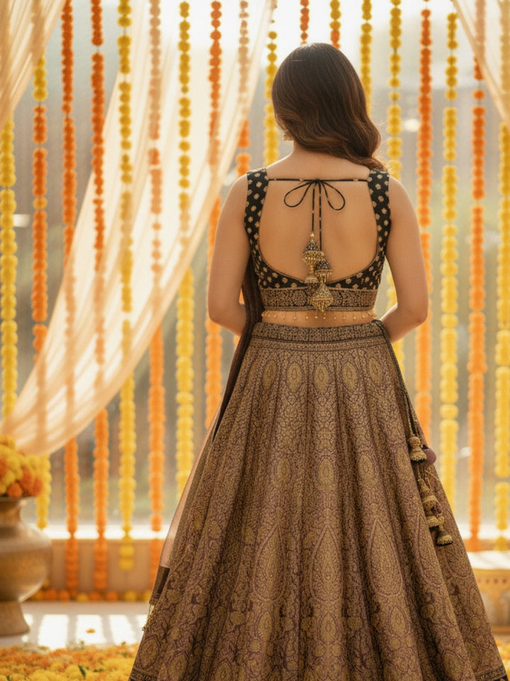 Banarasi Silk Lehenga Set With Zari Woven Floral Motifs & Tasseled Waist Cut-out blouse