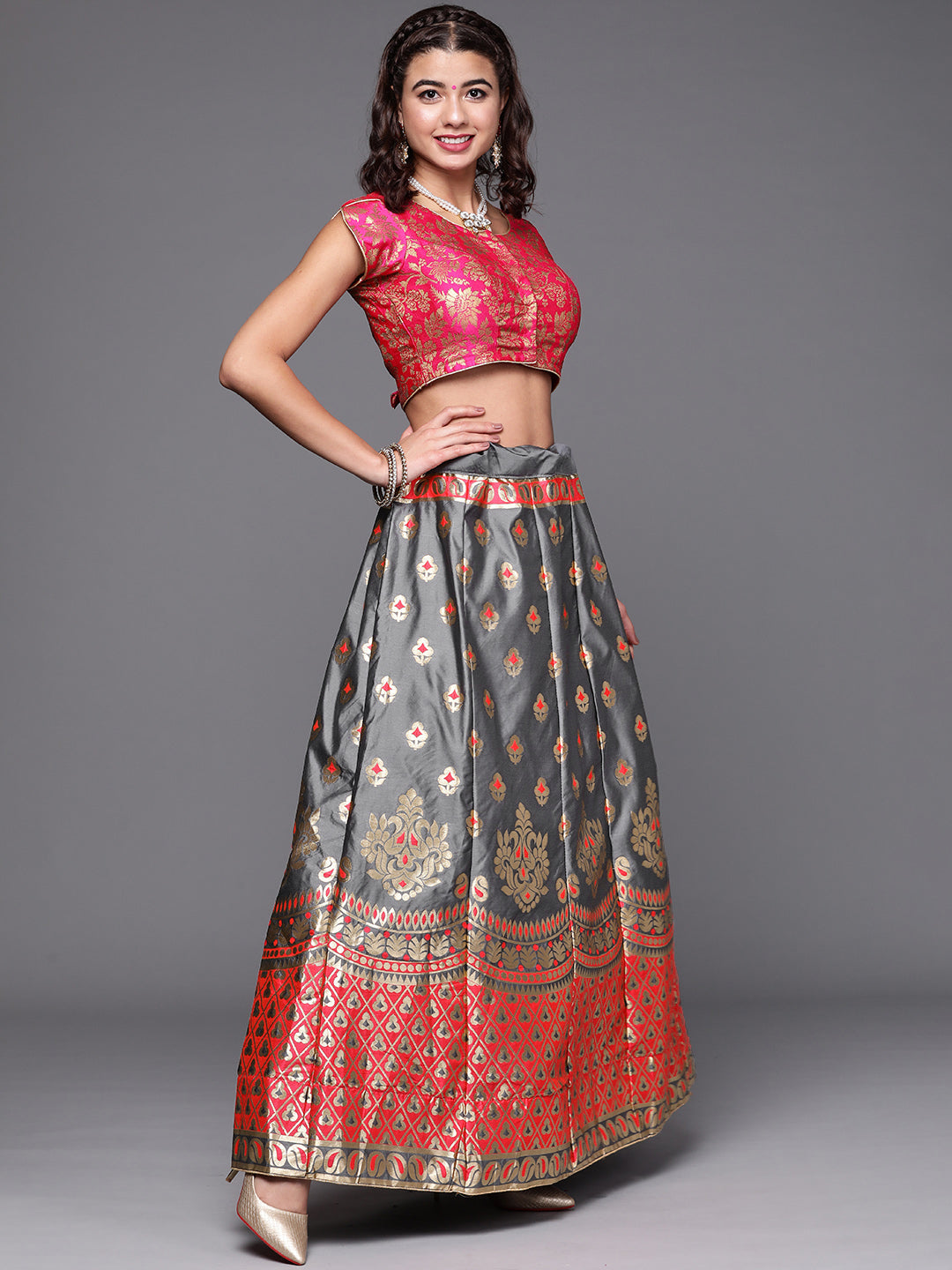 Semi Stitched Banarasi Brocade Silk Lehenga Choli with Zari & Resham Weaving,Tassels