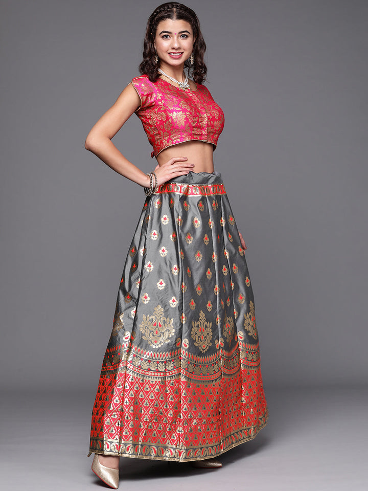 Semi Stitched Banarasi Brocade Silk Lehenga Choli with Zari & Resham Weaving,Tassels