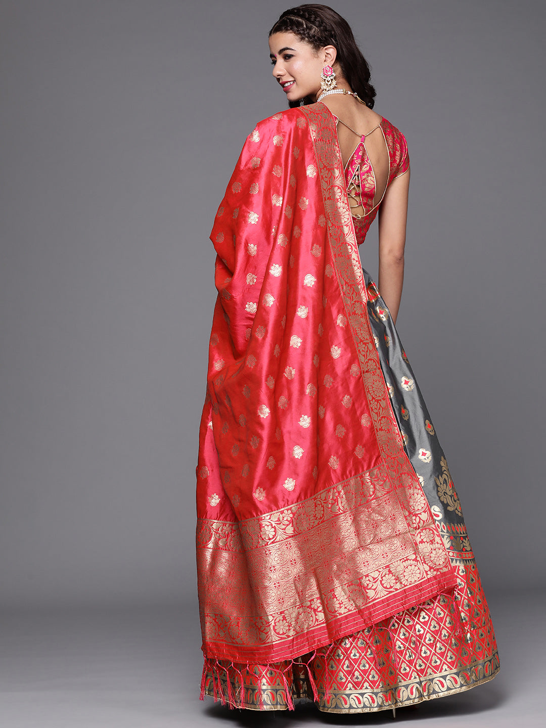 Semi Stitched Banarasi Brocade Silk Lehenga Choli with Zari & Resham Weaving,Tassels