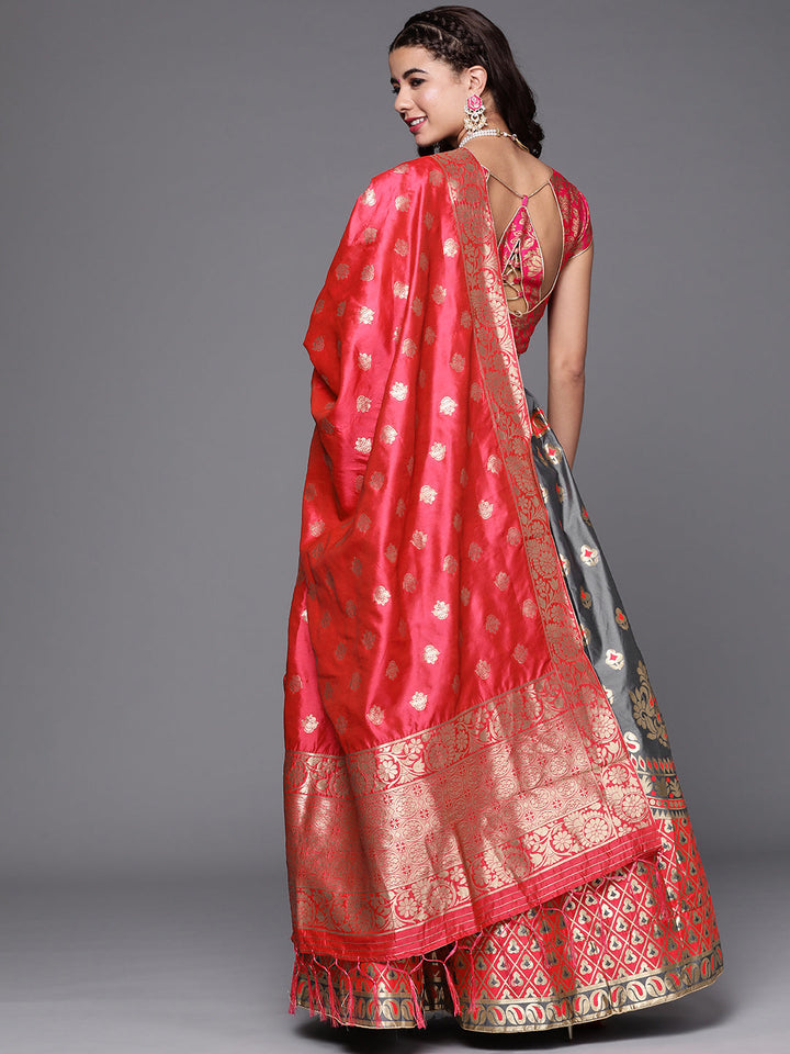 Semi Stitched Banarasi Brocade Silk Lehenga Choli with Zari & Resham Weaving,Tassels