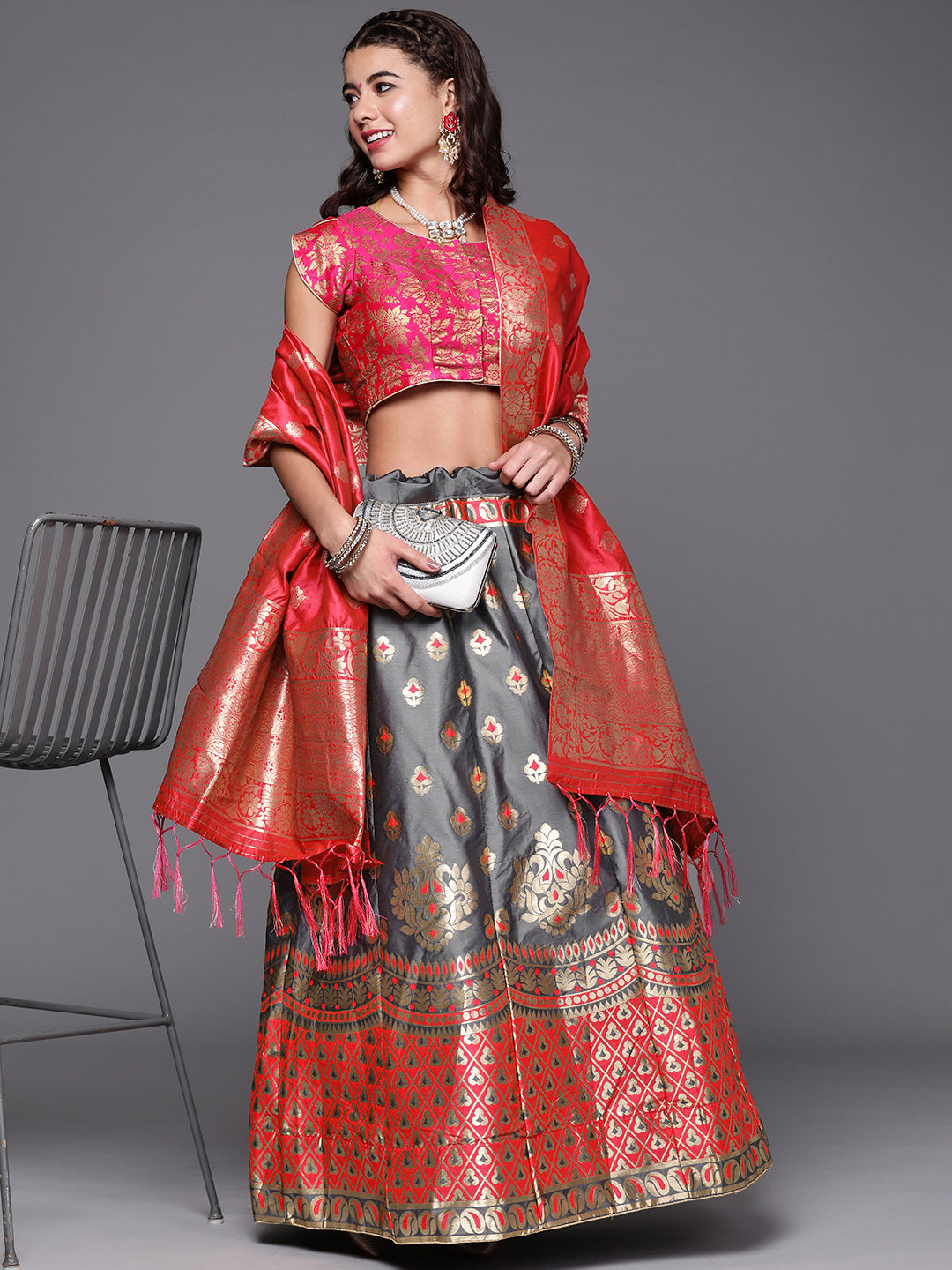 Semi Stitched Banarasi Brocade Silk Lehenga Choli with Zari & Resham Weaving,Tassels