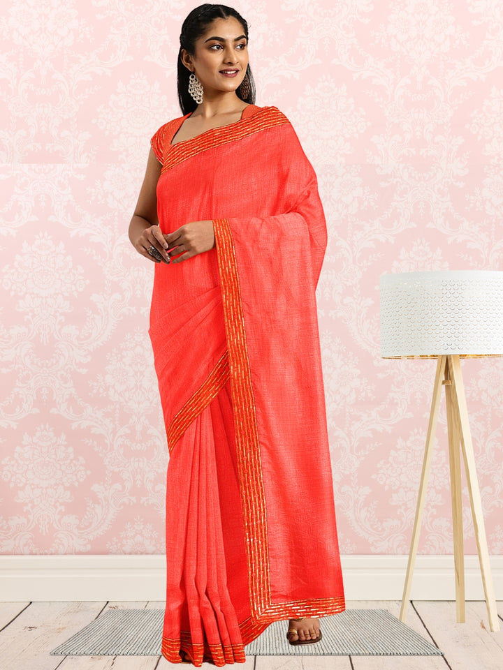 Red Art Silk Saree With Zari Border & Contrast Brocade Blouse