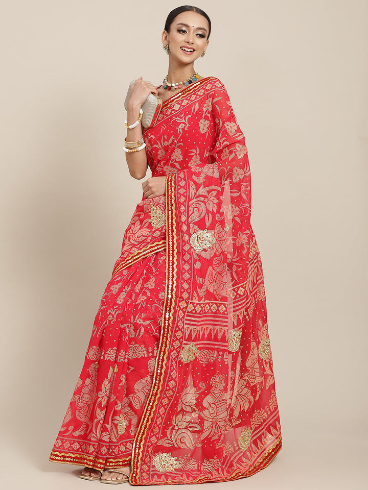 Bandhej Georgette Saree with Velvet Border, Pearls & Gota Embroidey