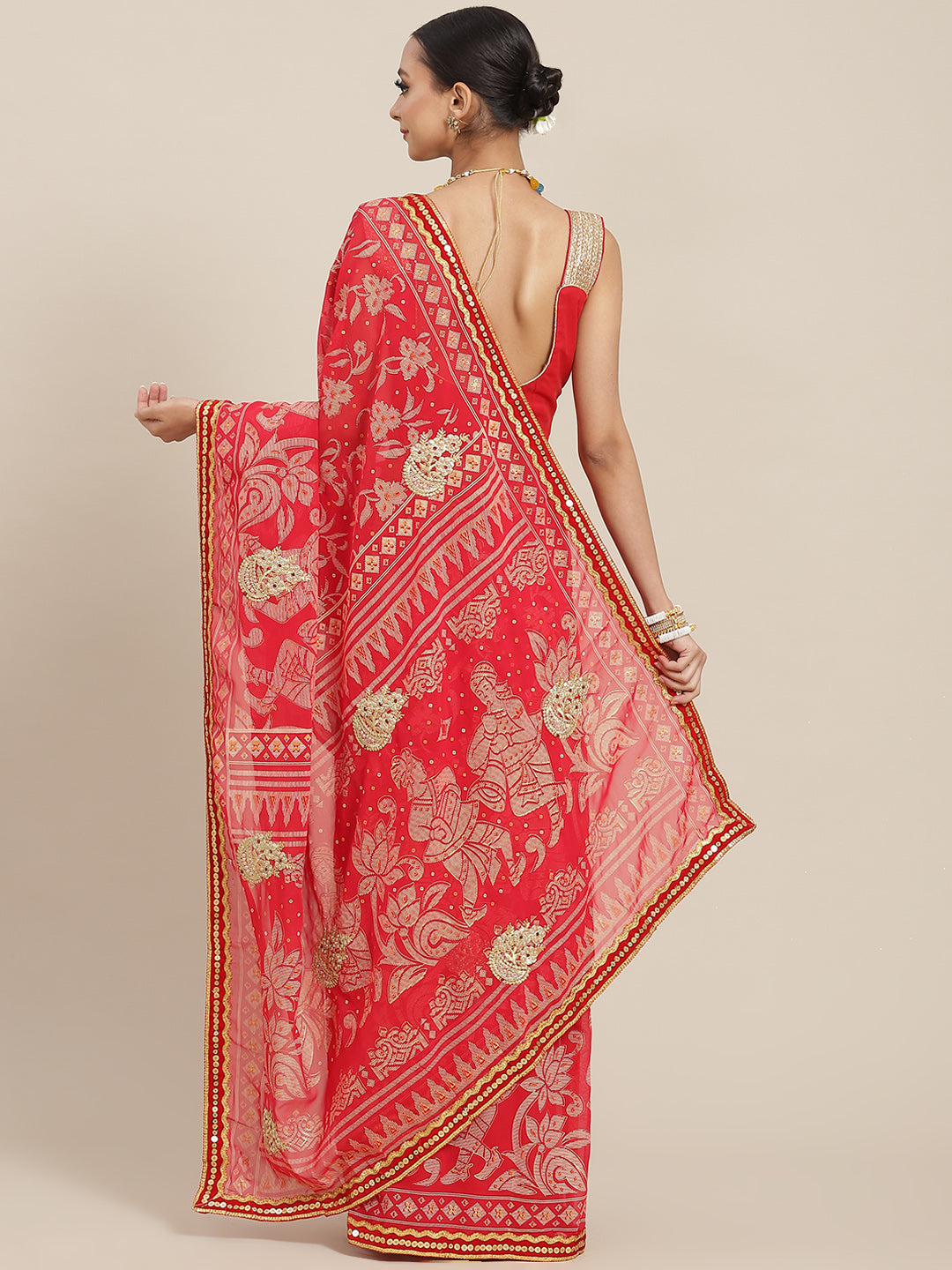 Bandhej Georgette Saree with Velvet Border, Pearls & Gota Embroidey
