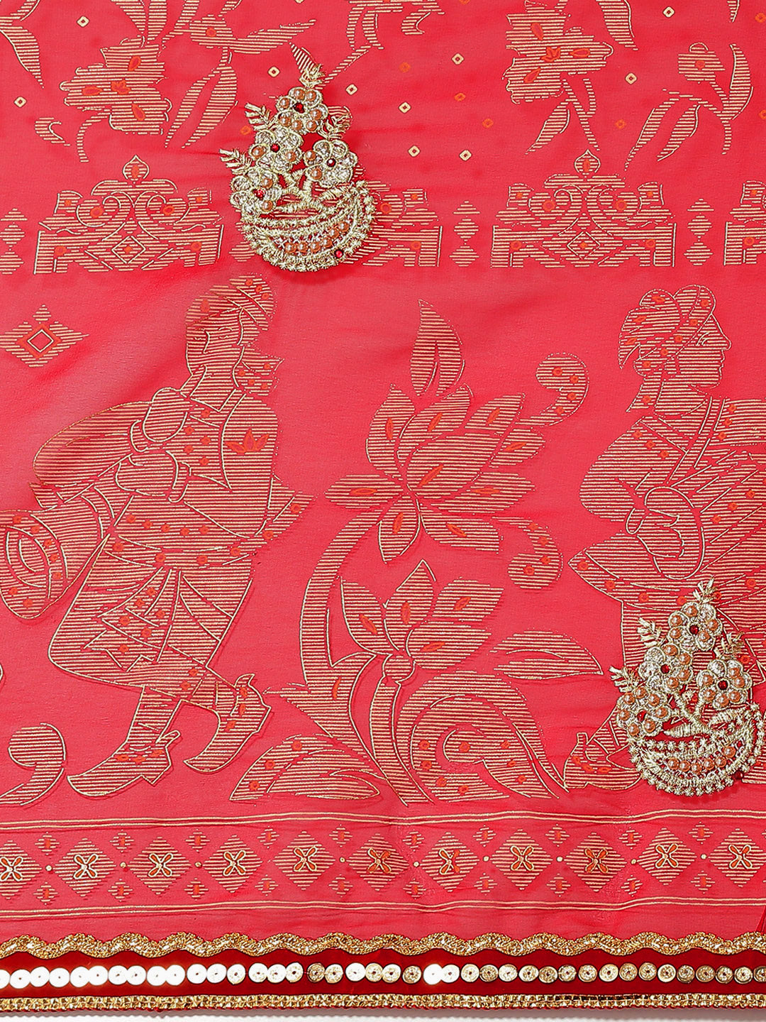 Bandhej Georgette Saree with Velvet Border, Pearls & Gota Embroidey