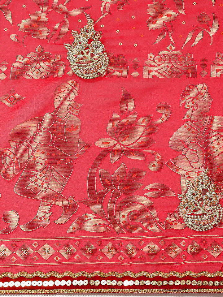 Bandhej Georgette Saree with Velvet Border, Pearls & Gota Embroidey