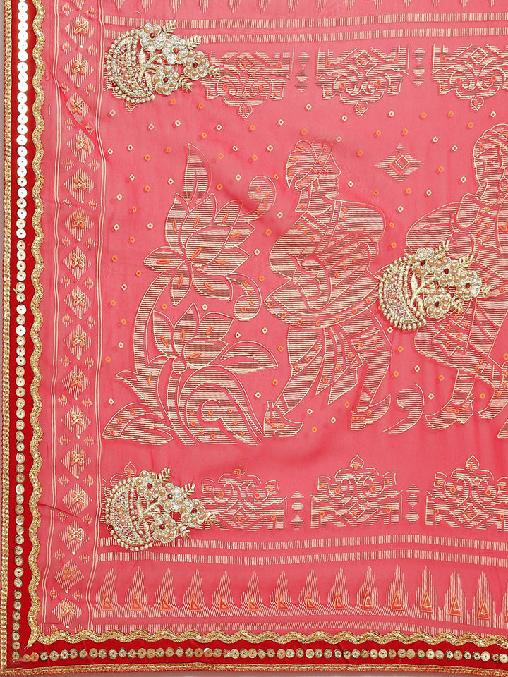 Bandhej Georgette Saree with Velvet Border, Pearls & Gota Embroidey