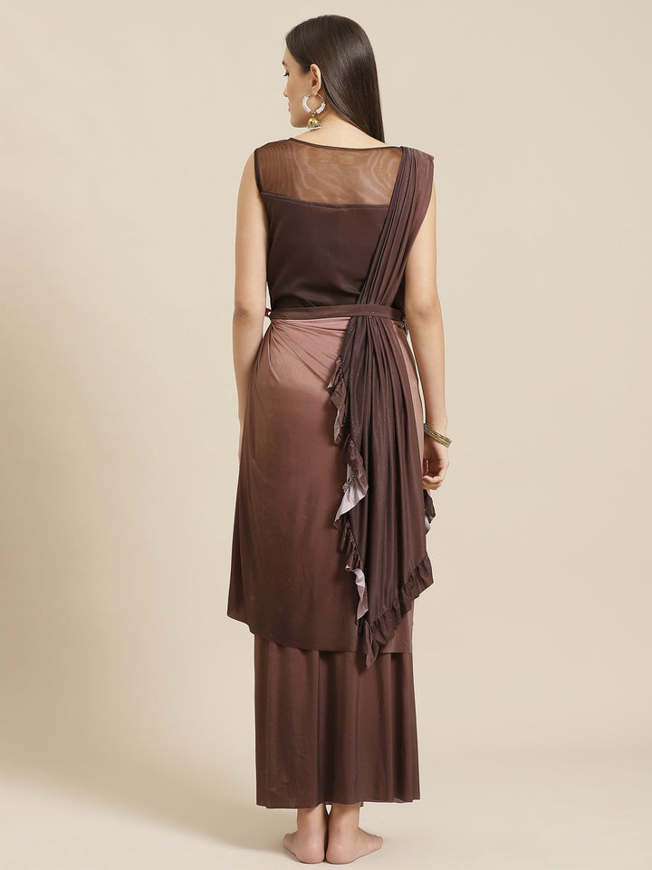 Ombre Ruffled Pre-stitched Bling Saree Gown with Embellished Cowl Layering & Belt