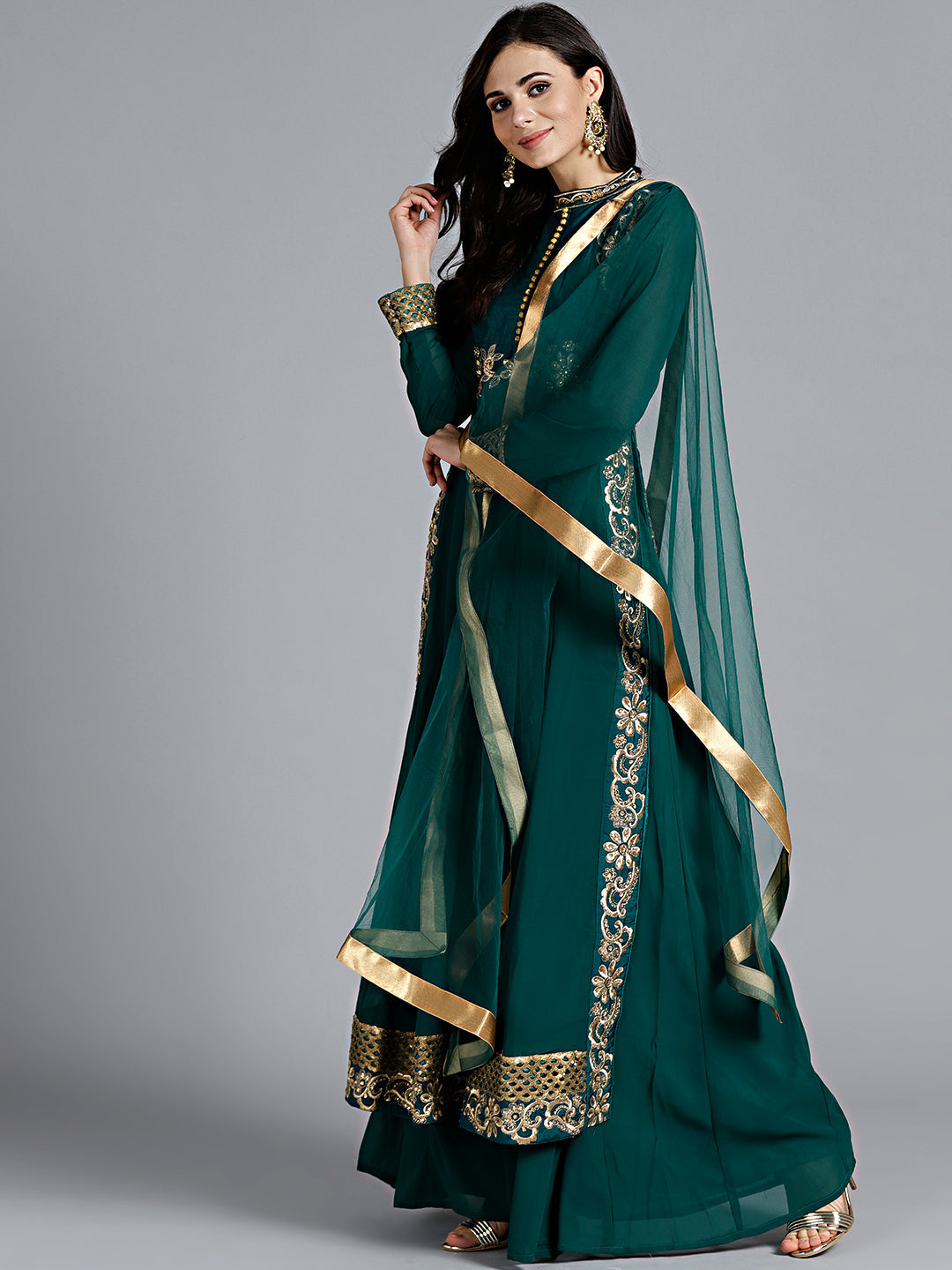 Mughal Pathani Style Kurta Set with Zari and Zircon Embroidery