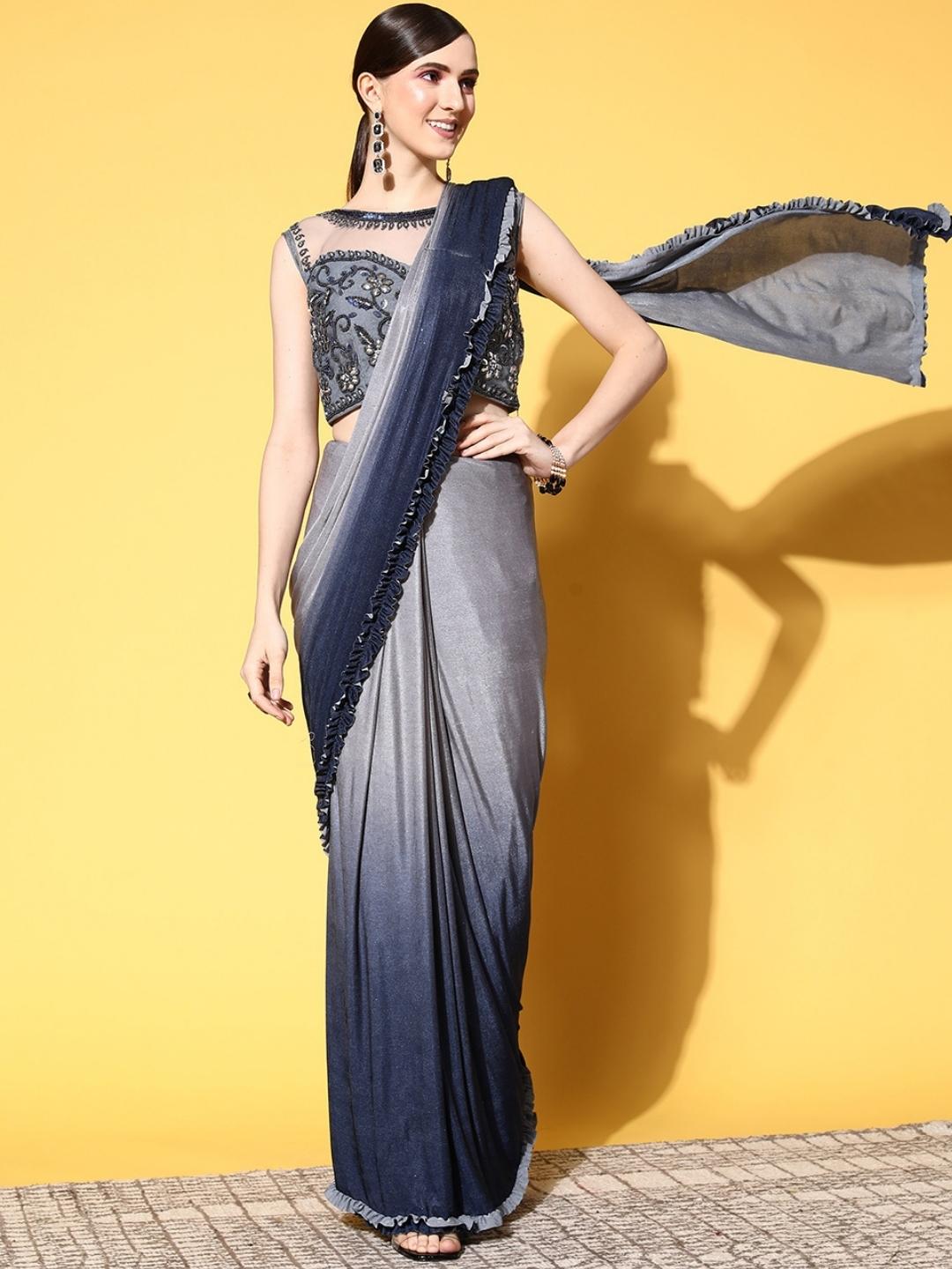 Grey Ready To Wear Lycra Ombre Saree With Crystal Embroidered Blouse