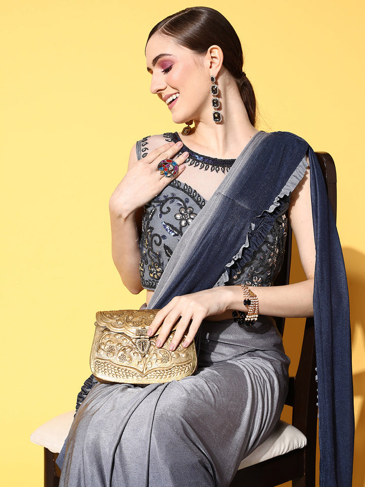 Grey Ready To Wear Lycra Ombre Saree With Crystal Embroidered Blouse