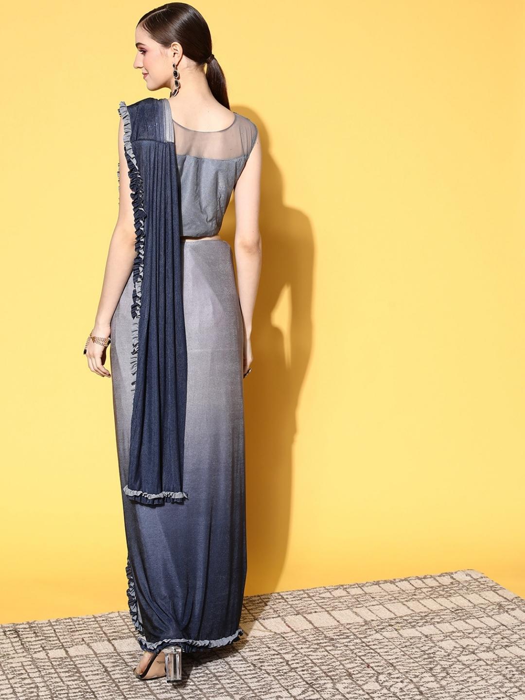 Grey Ready To Wear Lycra Ombre Saree With Crystal Embroidered Blouse
