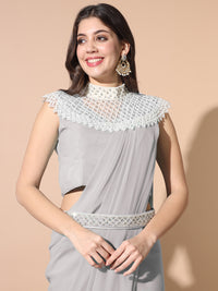 Chhabra 555 Pre-stitched Monotone Draped Saree with Pearl & Crystal Embroidered Necklace & Belt