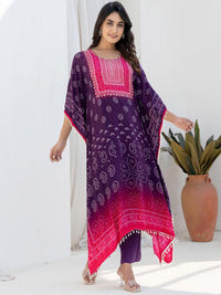 Chhabra 555 Pink Purple Kaftan Set with Pearl Embellished Tassles & Festive Bandhani Print