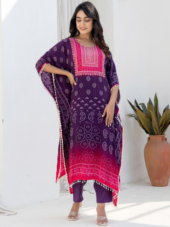 Pink Purple Kaftan Set with Pearl Embellished Tassles & Festive Bandhani Print