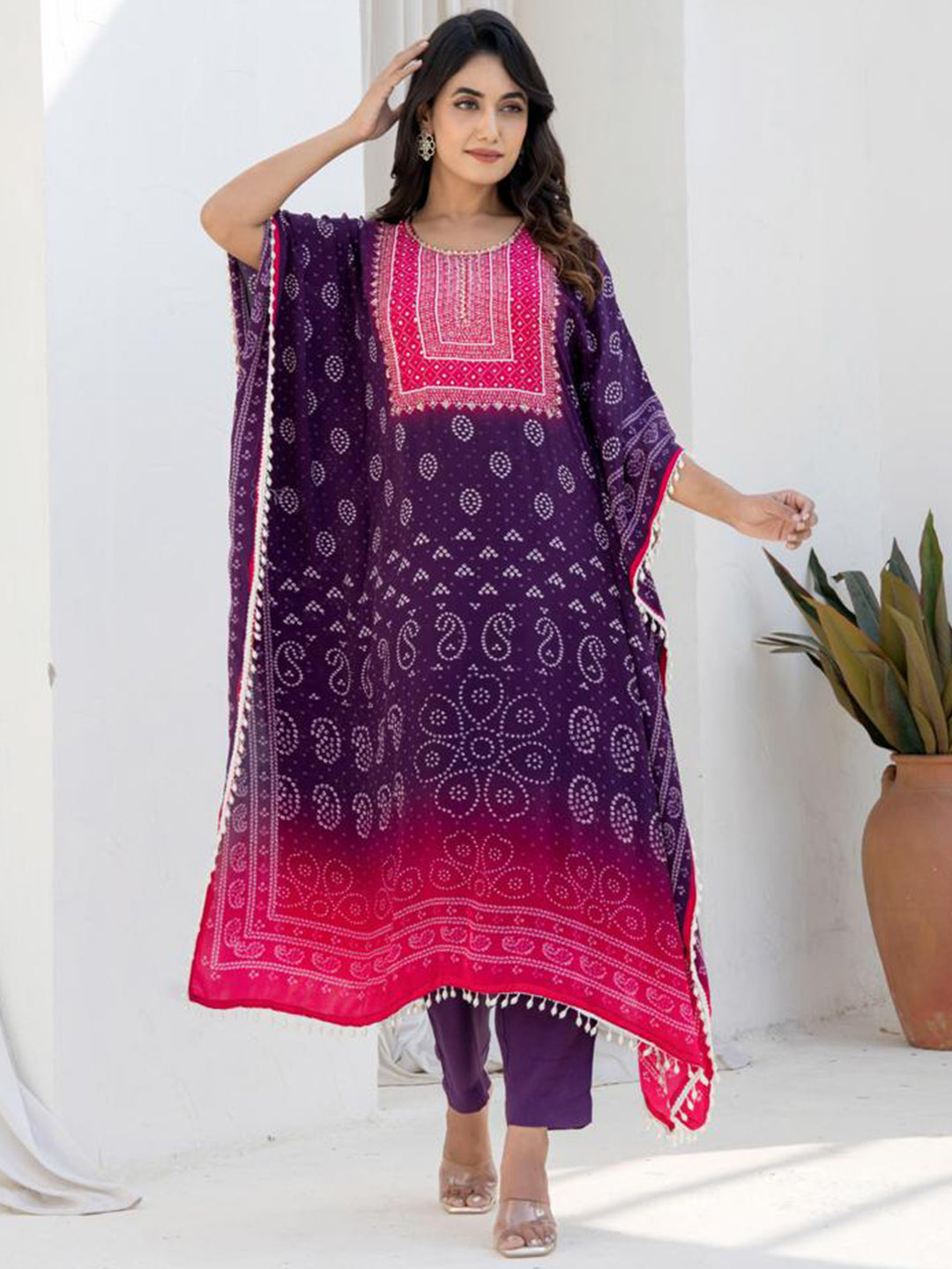 Pink Purple Kaftan Set with Pearl Embellished Tassles & Festive Bandhani Print