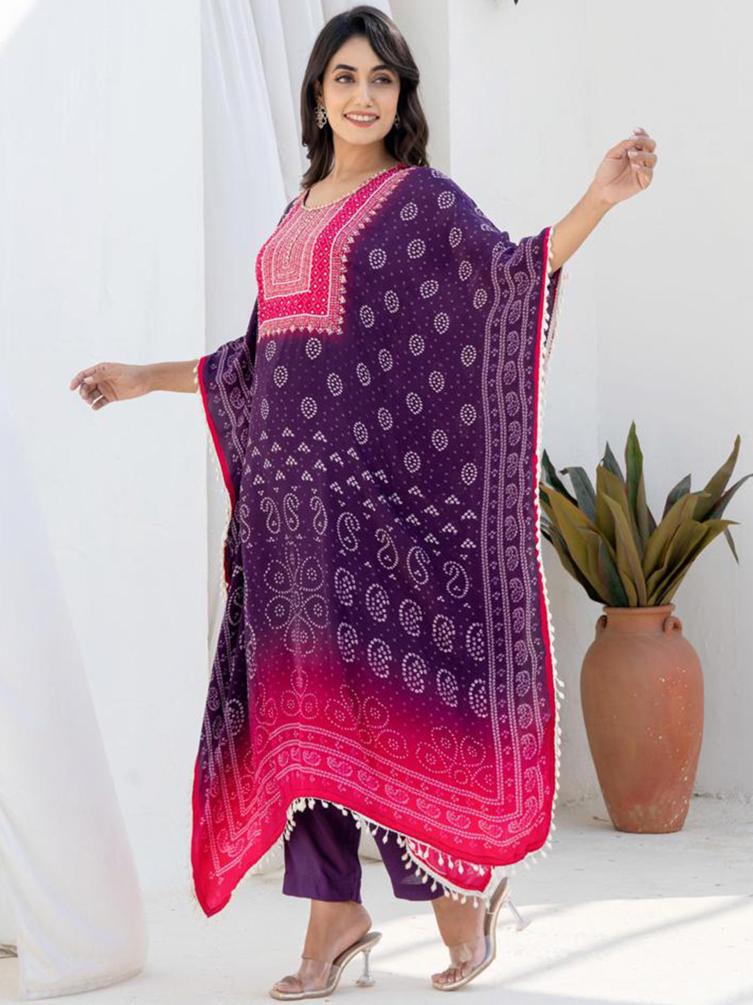 Pink Purple Kaftan Set with Pearl Embellished Tassles & Festive Bandhani Print