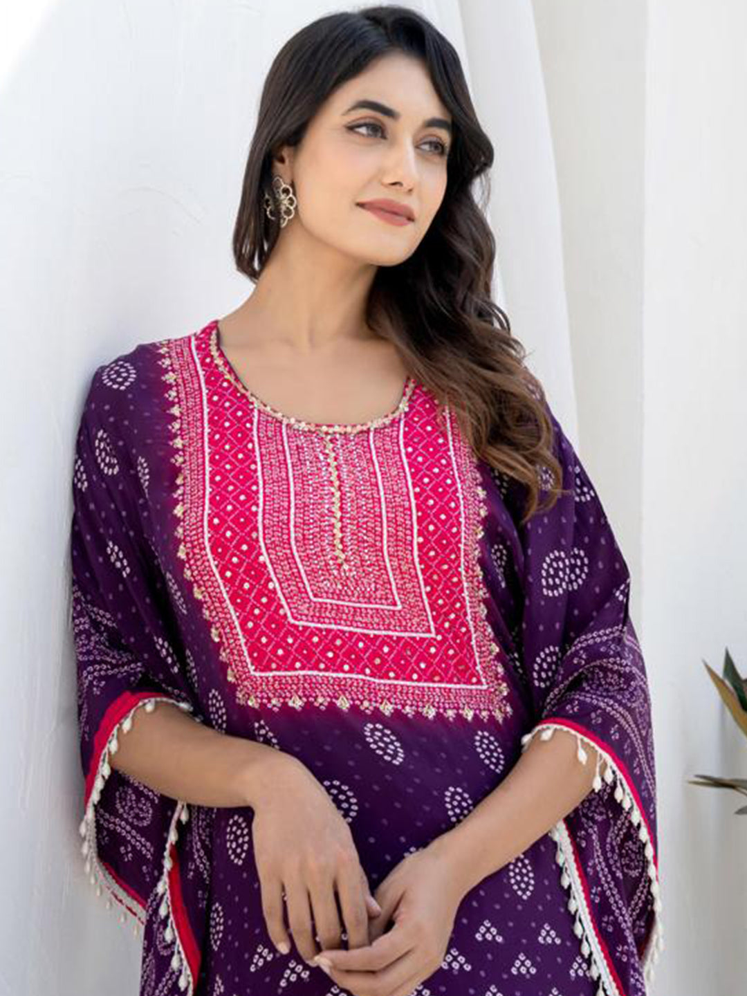 Pink Purple Kaftan Set with Pearl Embellished Tassles & Festive Bandhani Print