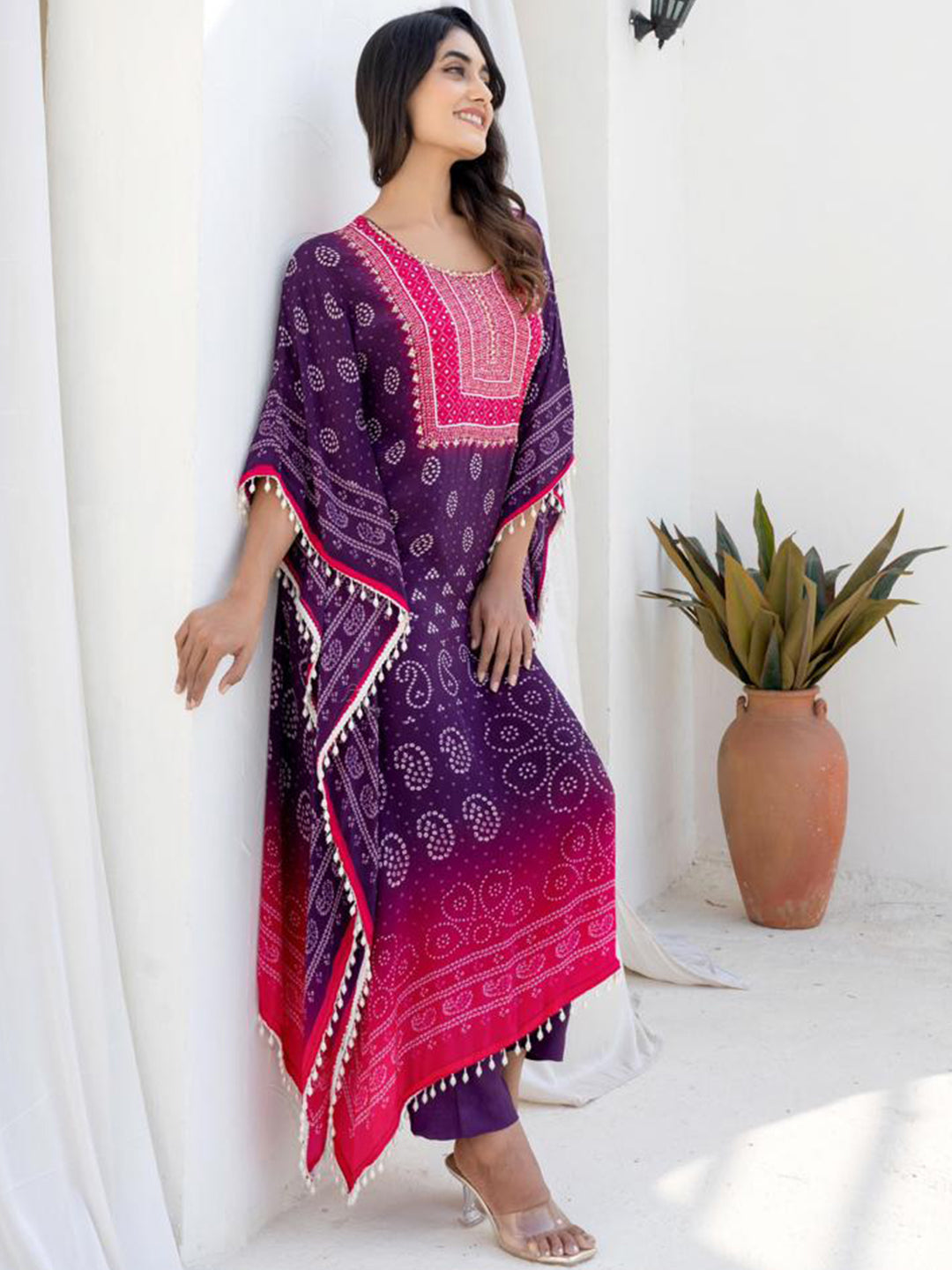 Pink Purple Kaftan Set with Pearl Embellished Tassles & Festive Bandhani Print