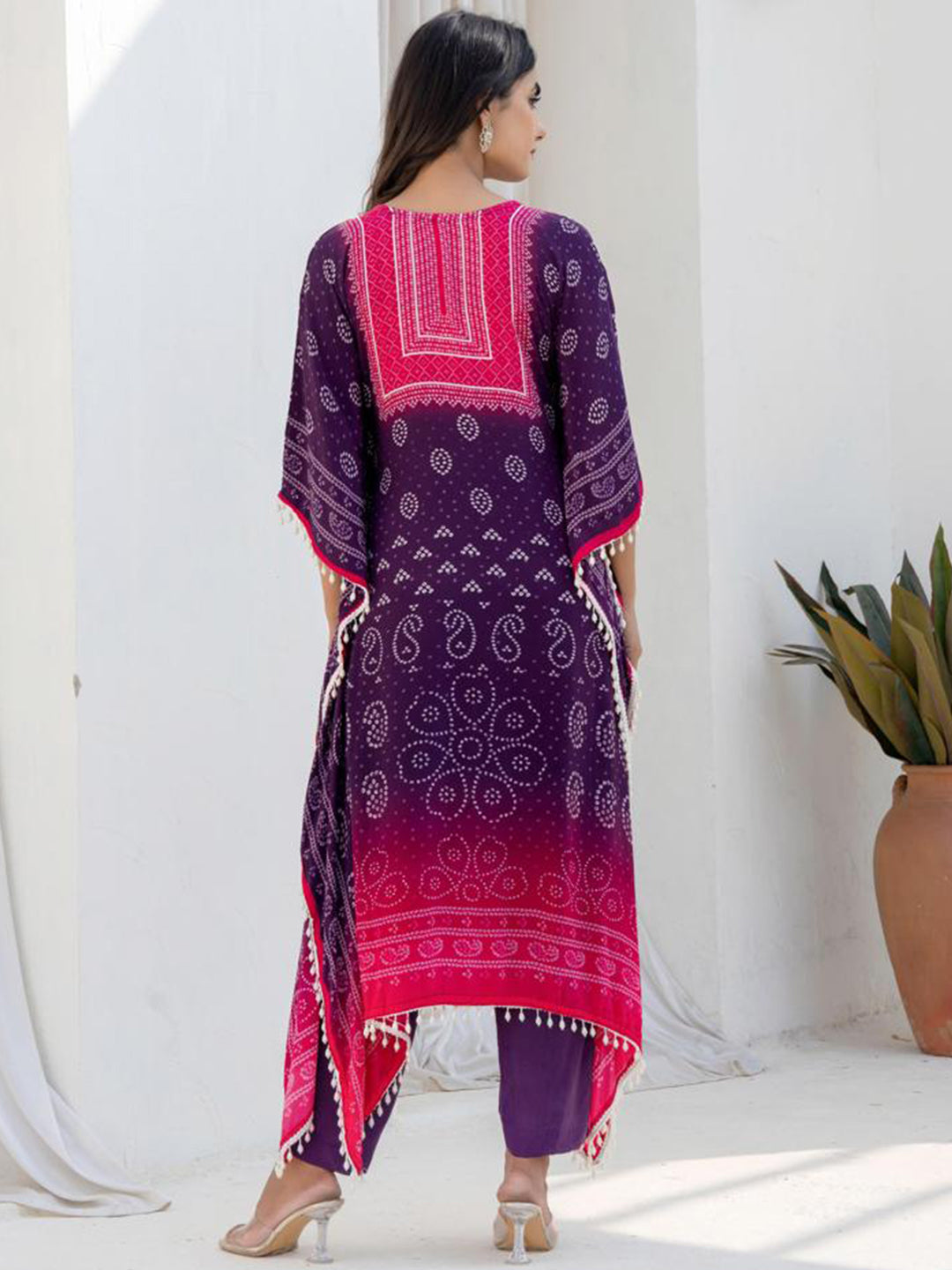 Pink Purple Kaftan Set with Pearl Embellished Tassles & Festive Bandhani Print