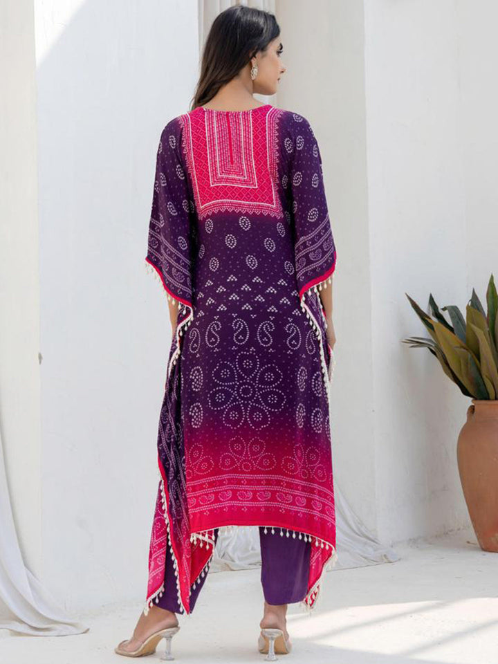 Pink Purple Kaftan Set with Pearl Embellished Tassles & Festive Bandhani Print