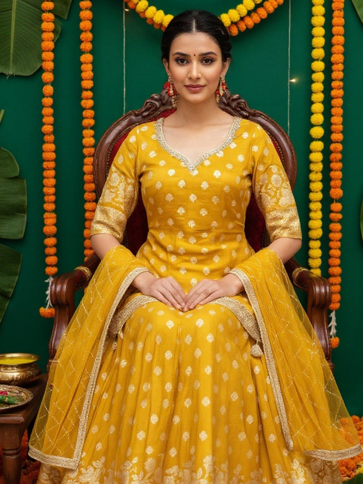 Banarasi Brocade Kurta Set with Zari Woven Skirt, Sequinned Dupatta & Tasseled Hemline