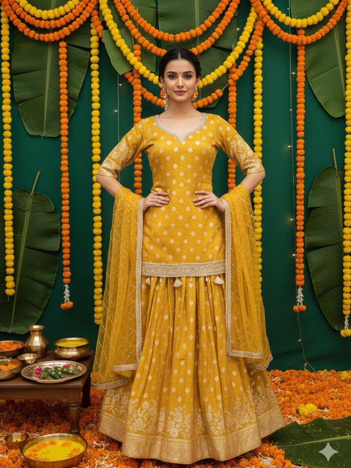 Banarasi Brocade Kurta Set with Zari Woven Skirt, Sequinned Dupatta & Tasseled Hemline