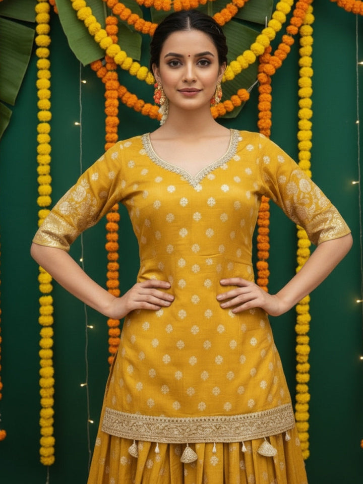 Banarasi Brocade Kurta Set with Zari Woven Skirt, Sequinned Dupatta & Tasseled Hemline