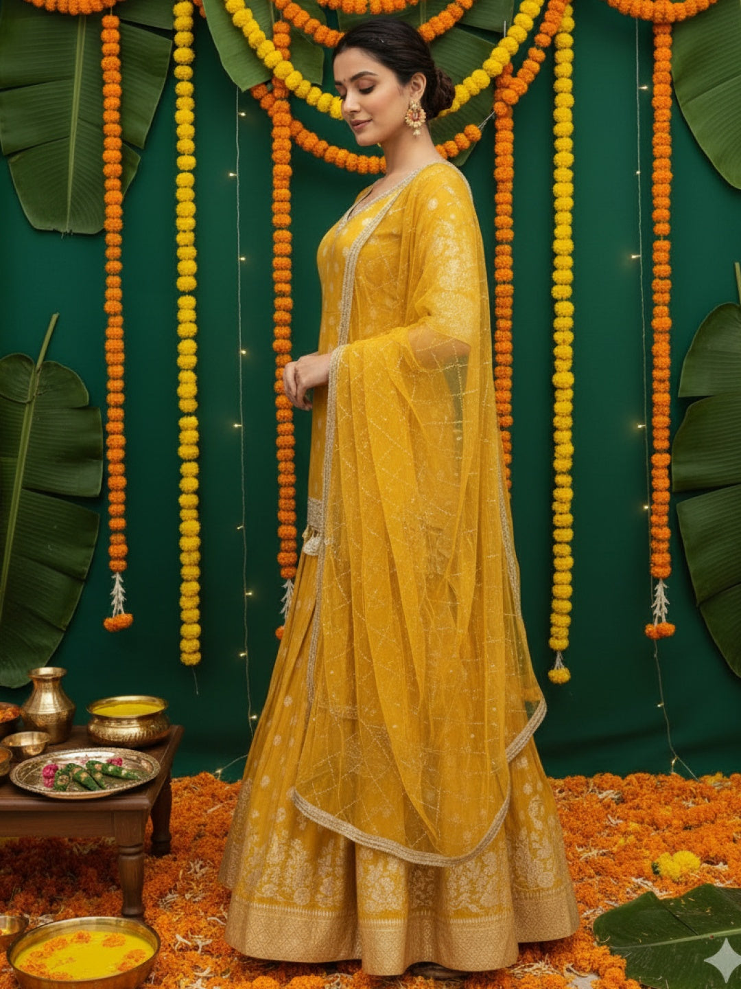 Banarasi Brocade Kurta Set with Zari Woven Skirt, Sequinned Dupatta & Tasseled Hemline