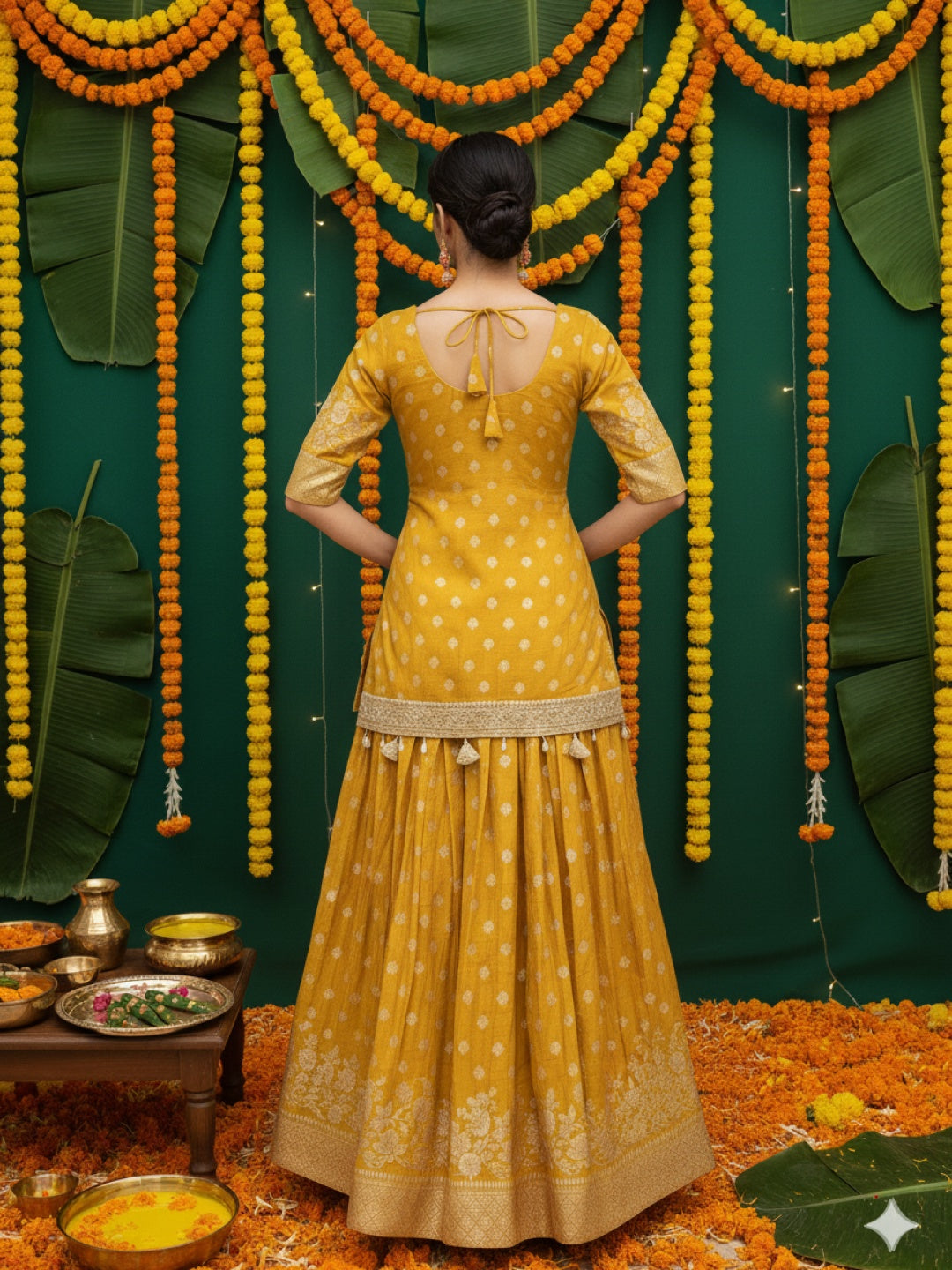 Banarasi Brocade Kurta Set with Zari Woven Skirt, Sequinned Dupatta & Tasseled Hemline