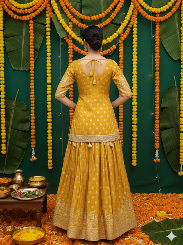 Banarasi Brocade Kurta Set with Zari Woven Skirt, Sequinned Dupatta & Tasseled Hemline