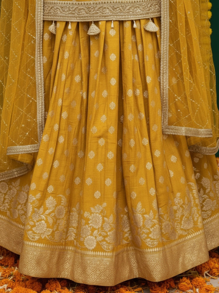 Banarasi Brocade Kurta Set with Zari Woven Skirt, Sequinned Dupatta & Tasseled Hemline