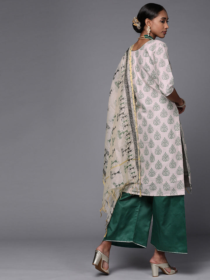 Beige Cotton Kurta Palazzo Set With Tribal Batik Print