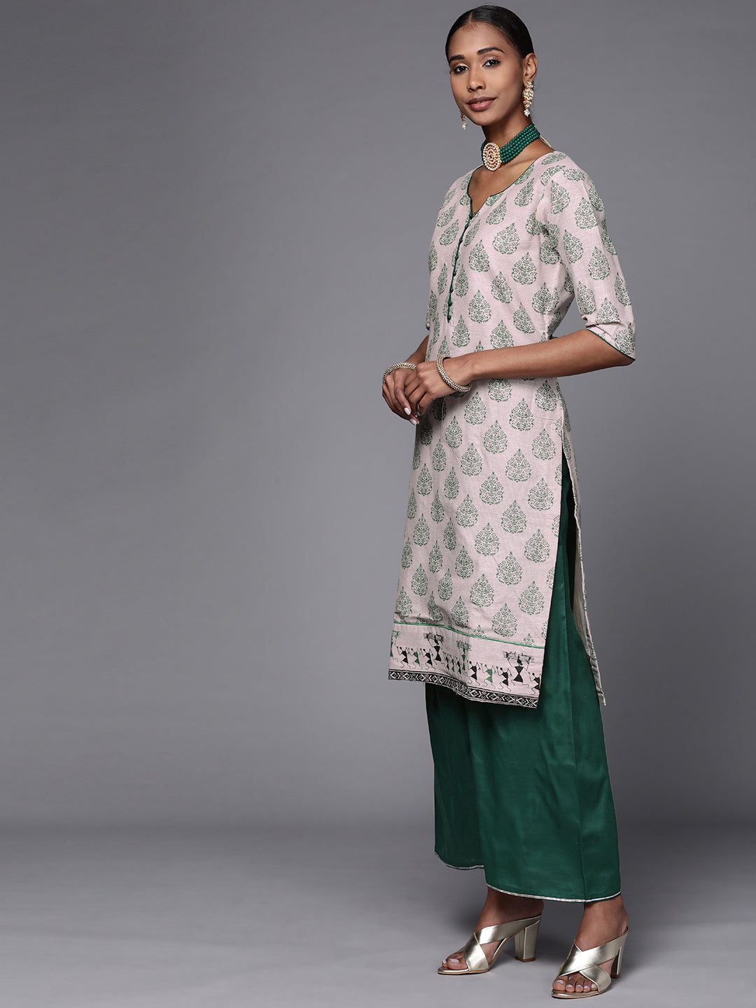 Beige Cotton Kurta Palazzo Set With Tribal Batik Print