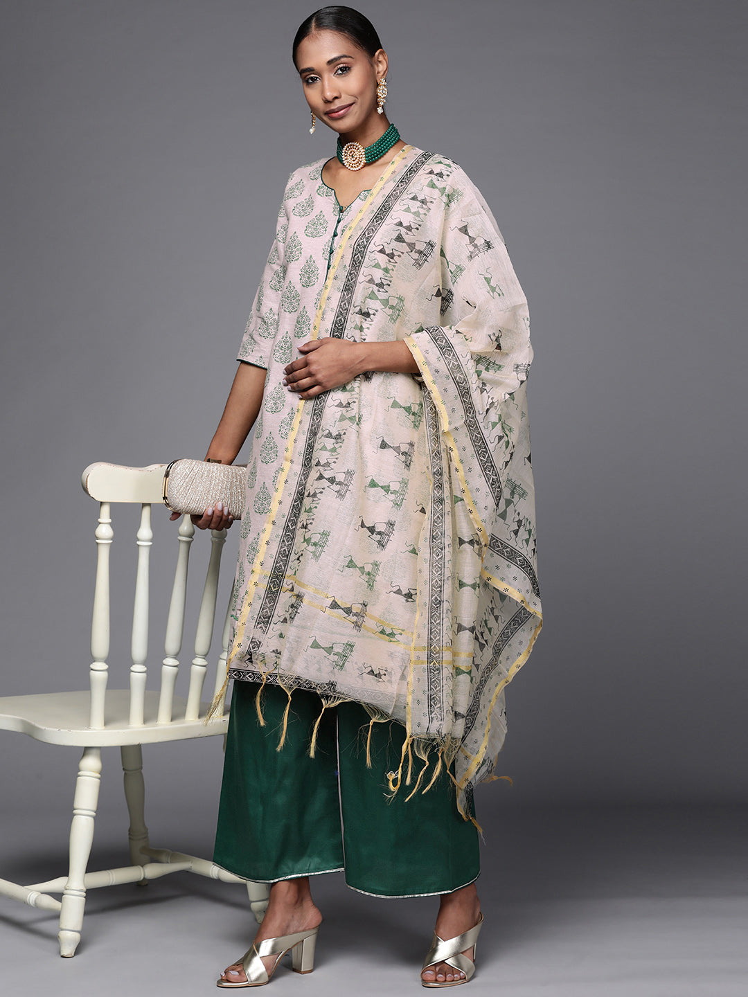 Beige Cotton Kurta Palazzo Set With Tribal Batik Print