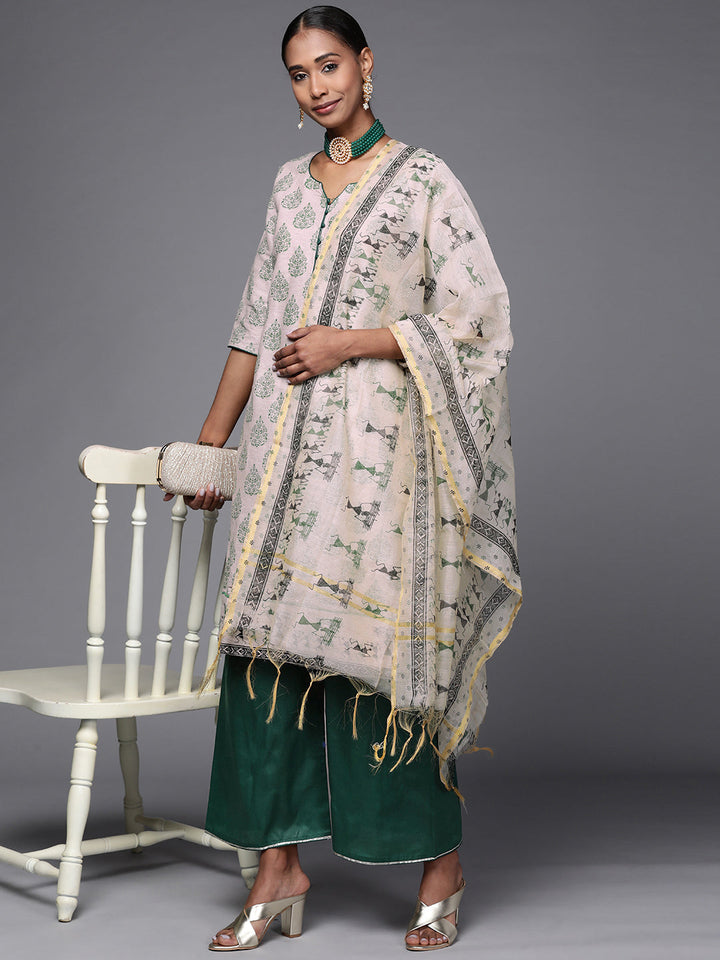 Beige Cotton Kurta Palazzo Set With Tribal Batik Print