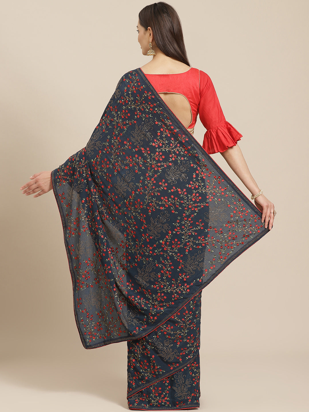 Indigo Blue Georgette Saree with multicolor Resham Embroidered Flowers & Crystal Embellishments