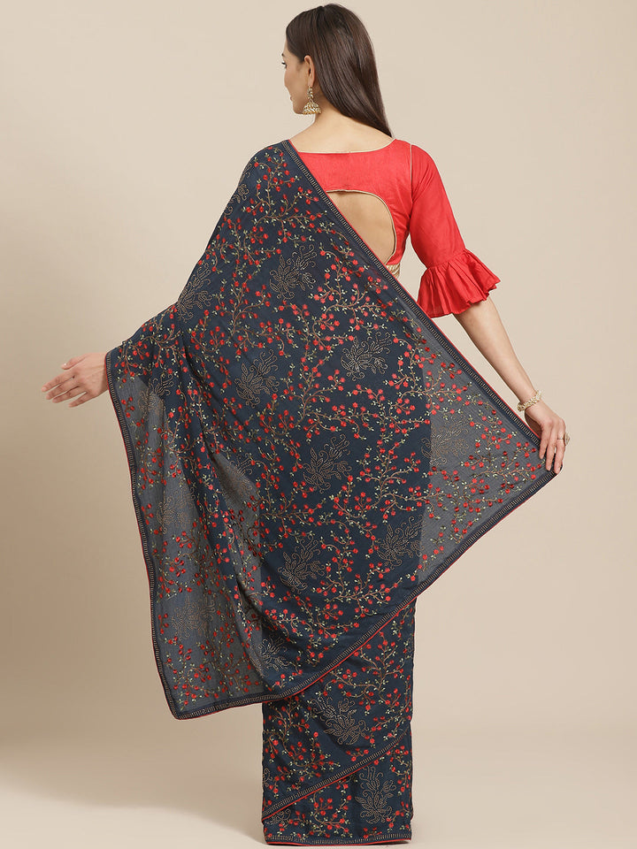 Indigo Blue Georgette Saree with multicolor Resham Embroidered Flowers & Crystal Embellishments