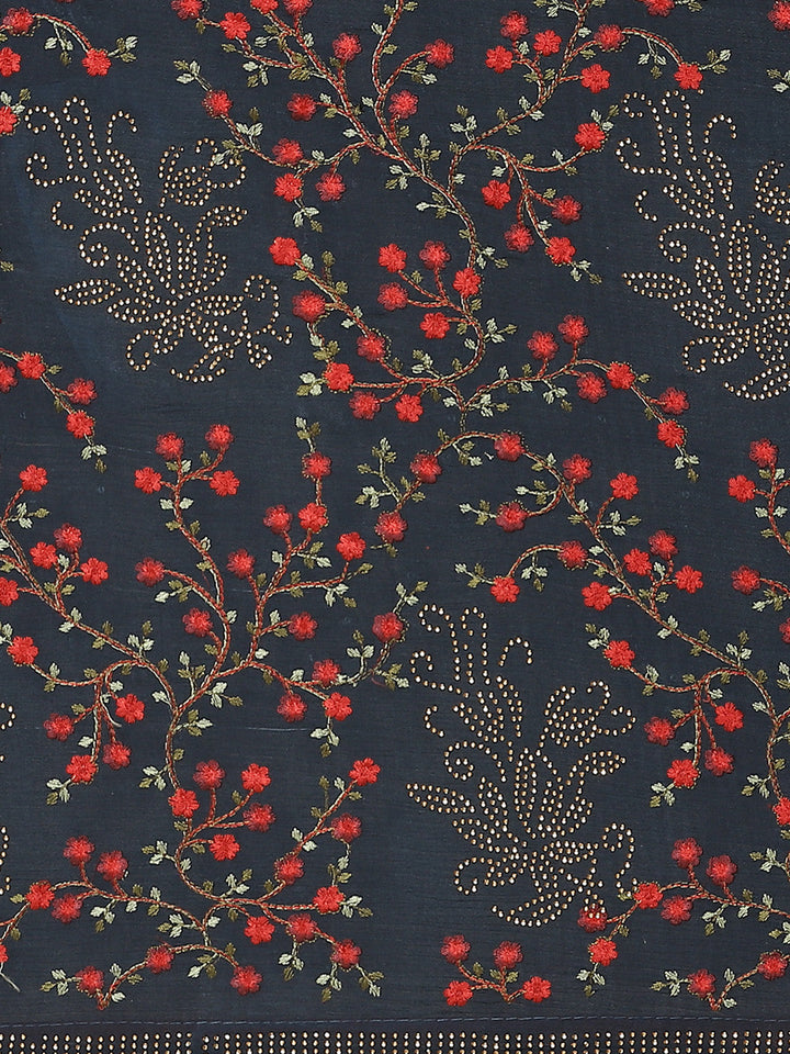 Indigo Blue Georgette Saree with multicolor Resham Embroidered Flowers & Crystal Embellishments