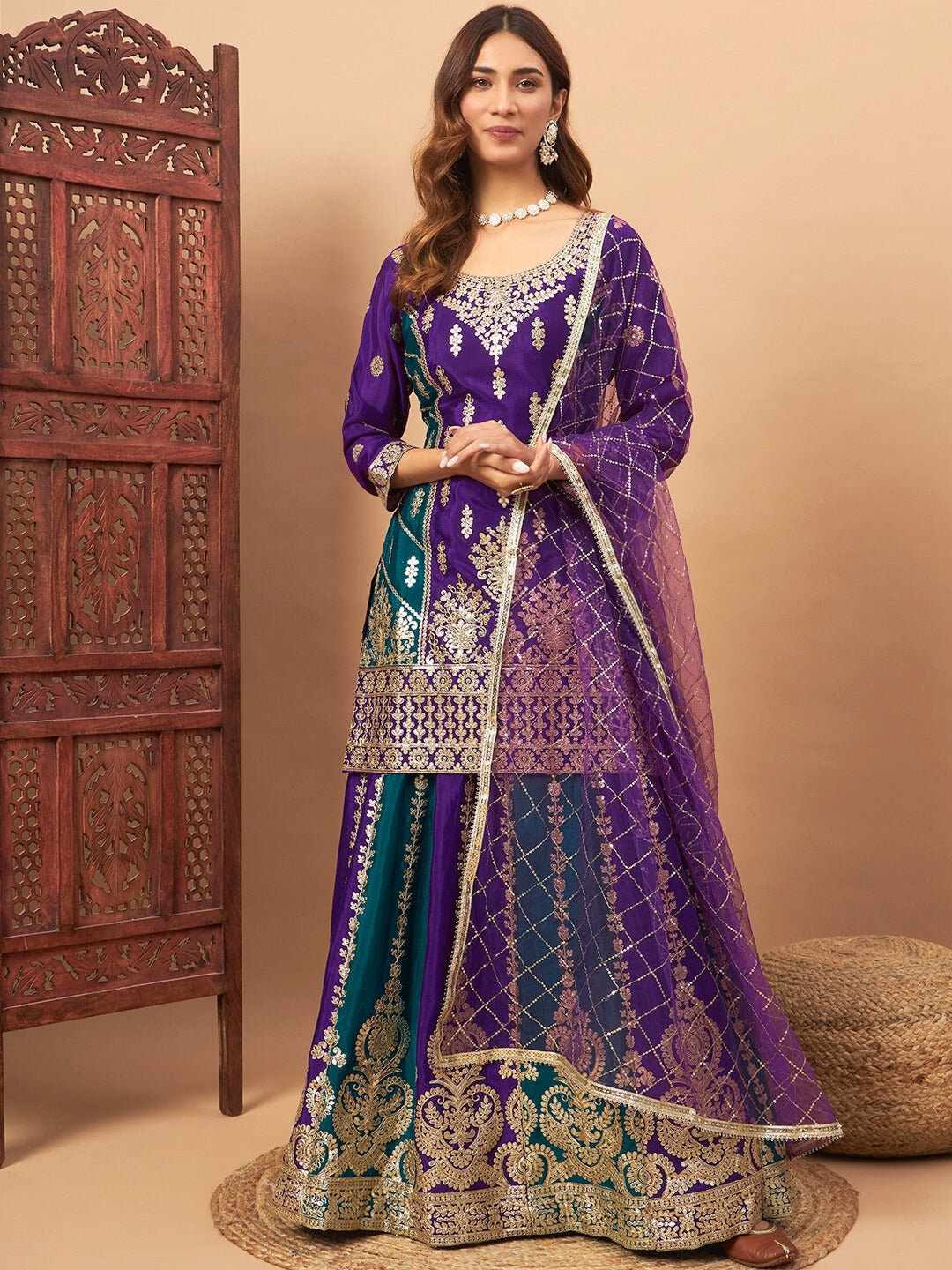 Kalidar Gota Patti Embroidered Paneled Gharara Set With Sequinned Dupatta