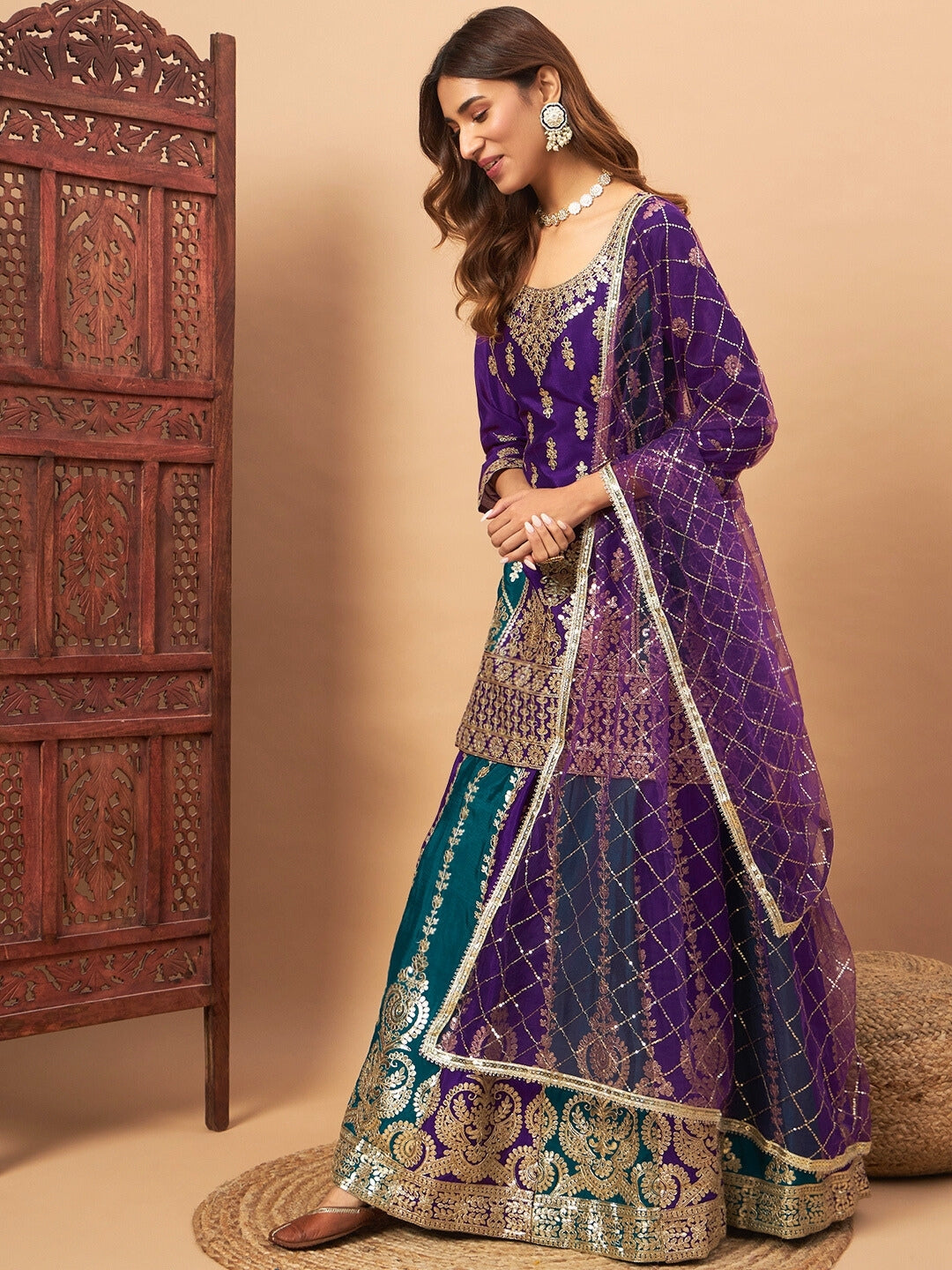 Kalidar Gota Patti Embroidered Paneled Gharara Set With Sequinned Dupatta
