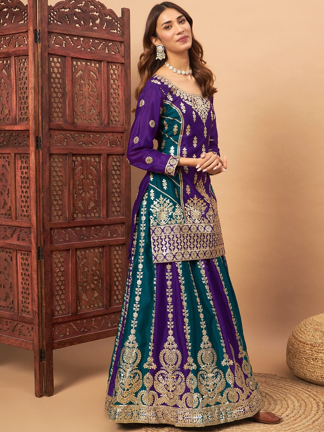 Kalidar Gota Patti Embroidered Paneled Gharara Set With Sequinned Dupatta
