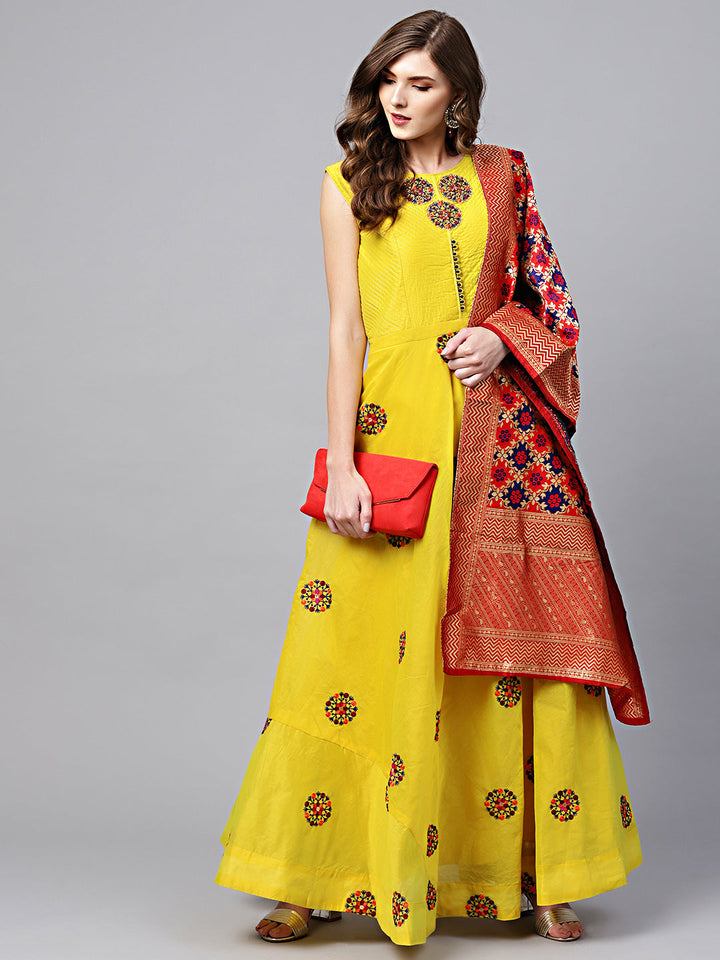 Anarkali Kurta Set with Kantha embroidery and Banarasi dupatta