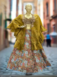 Aqua Blue Printed Organza Readymade Lehenga Set