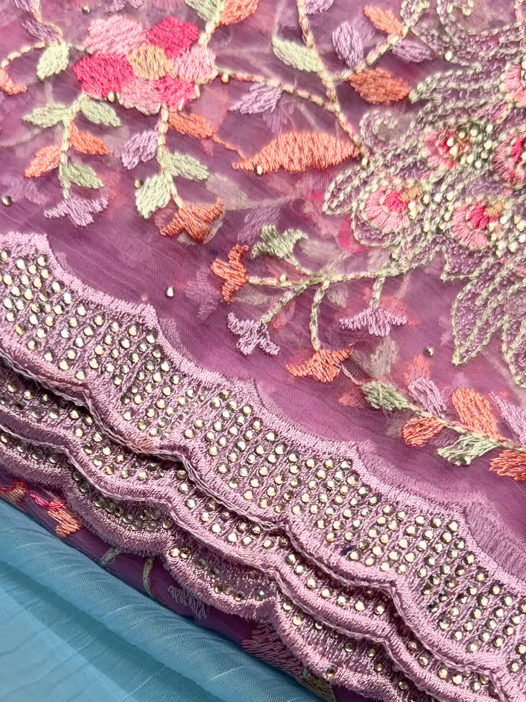 Peacock Floral Embroidered Net Saree in Mauve Wine