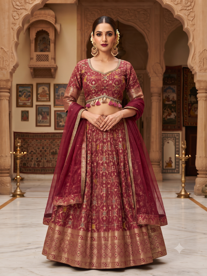 Banarasi Woven Lehenga Choli with Tassel Latkan in Maroon